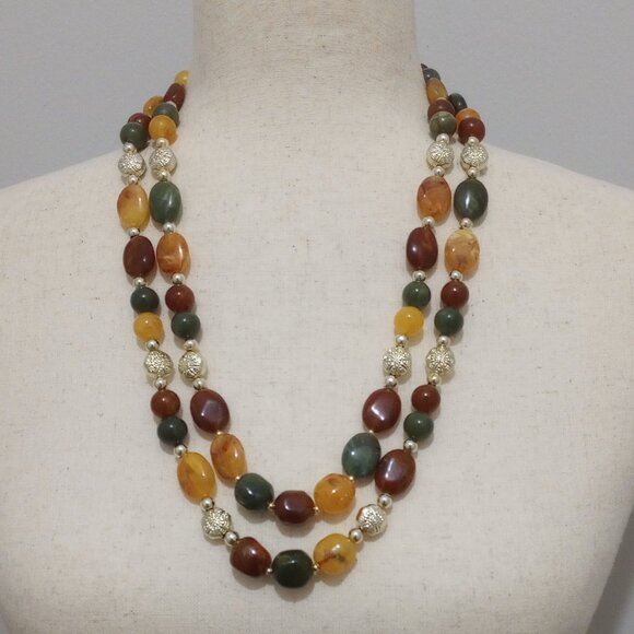 Beautiful Autumn Color Lucite Necklace Root Beer Honey Amber Jade 2 Strand Beads - Picture 1 of 10